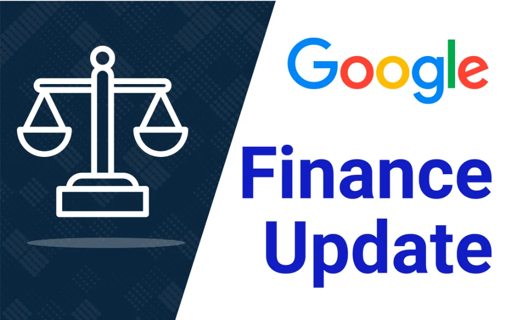 Weißes Waagensymbol auf Blau mit „Google Finance Update“ in Fettdruck; ideal für Finanznachrichten zur SEO für Anwälte.