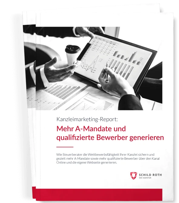 Stapel von Marketingberichten für Steuerberater, die Personen zeigen, die Diagramme überprüfen. Titel: Kanzleimarketing-Report für mehr Mandate und Bewerber.