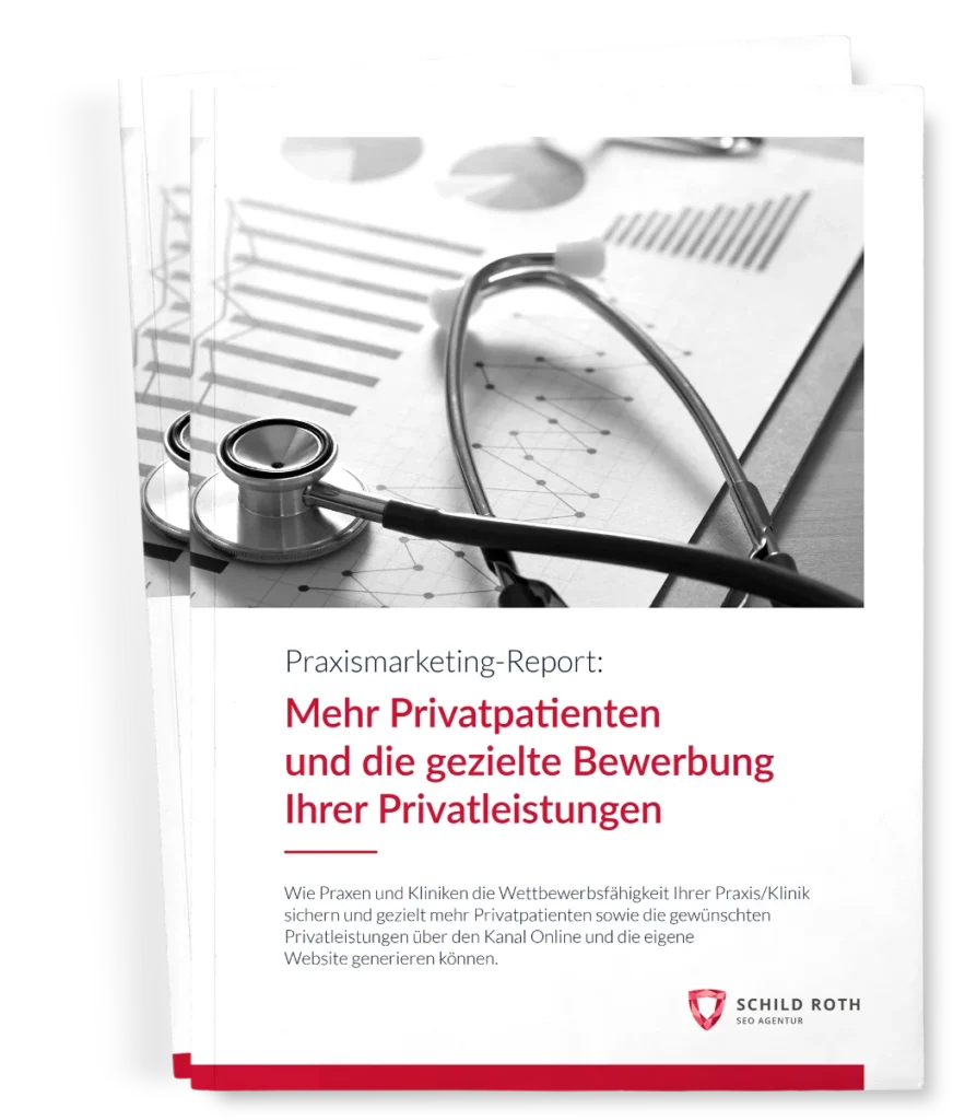 Berichtscover mit Stethoskop, Brille, Charts. Titel: Praxismarketing-Report für Ärzte. Schild Roth Logo unten.