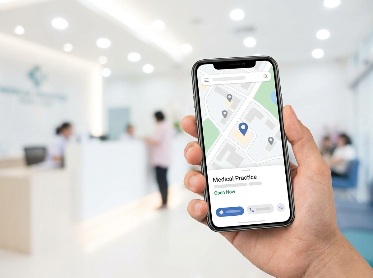 Smartphone zeigt Arztpraxis mit gutem Ranking in der lokalen Google-Suche