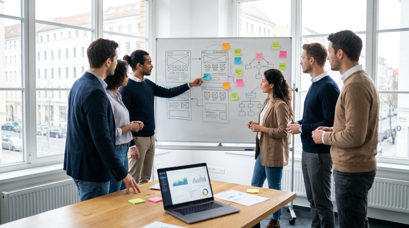Team plant einen Website Relaunch am Whiteboard mit Wireframes und SEO-Strategie